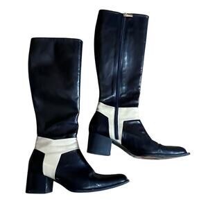 Monica Magli Italy Leather Knee Boots 37 Black Beige Two Tone Zip Block Heel